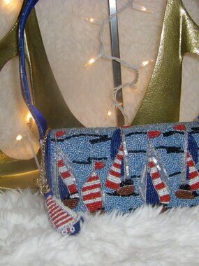 Viral Beaded Sailboat Bag Handcrafted In India Red White Blue Nautical Theme NWT